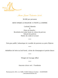 Menu unique pour la St Valentin 2016