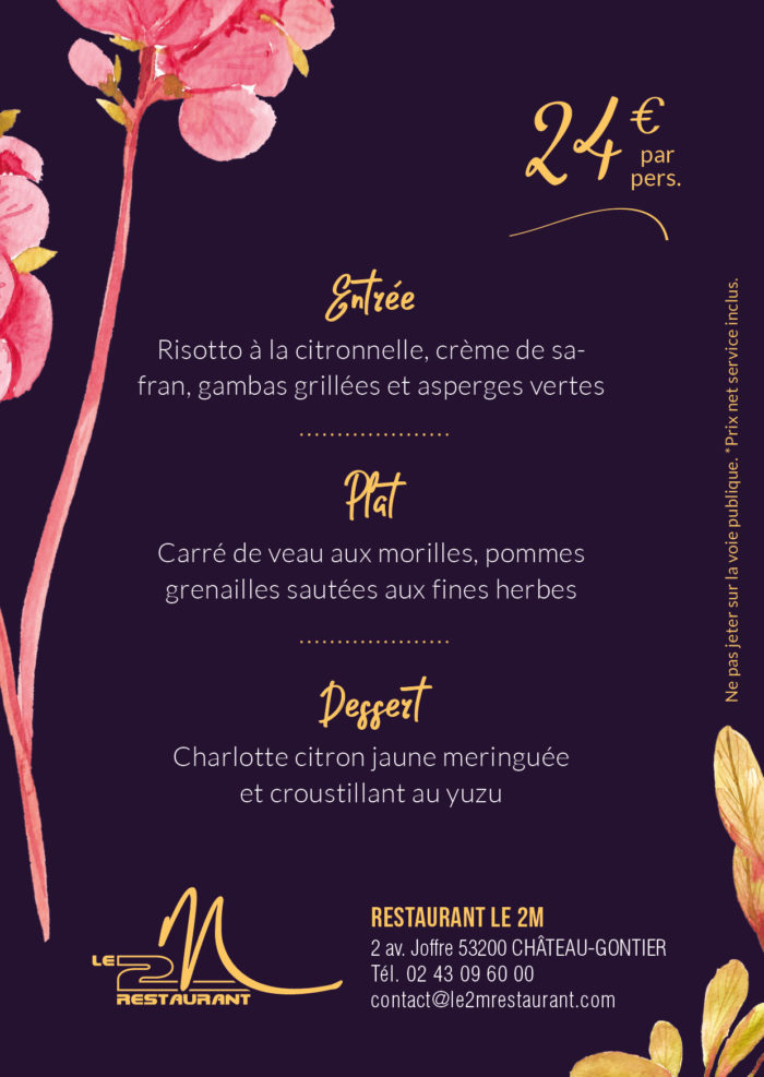 menu fête des meres le 2 m restaurant